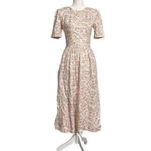 Vintage 80s Floral Cottagecore Prairie Dress Cream Pink blue purple Roses S Bow